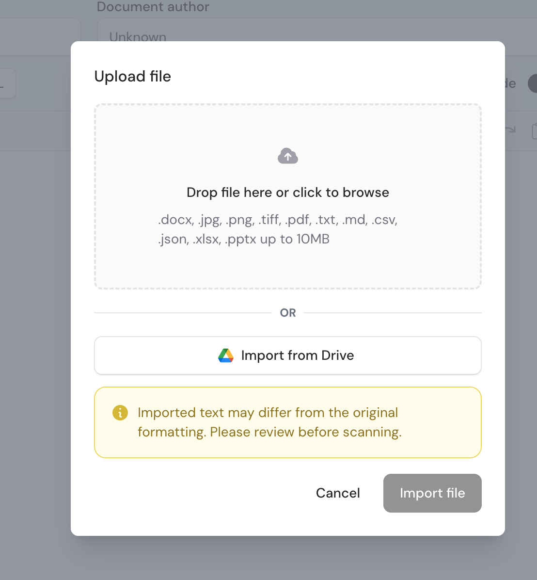 Winston AI file upload window showing the Import from Drive button
