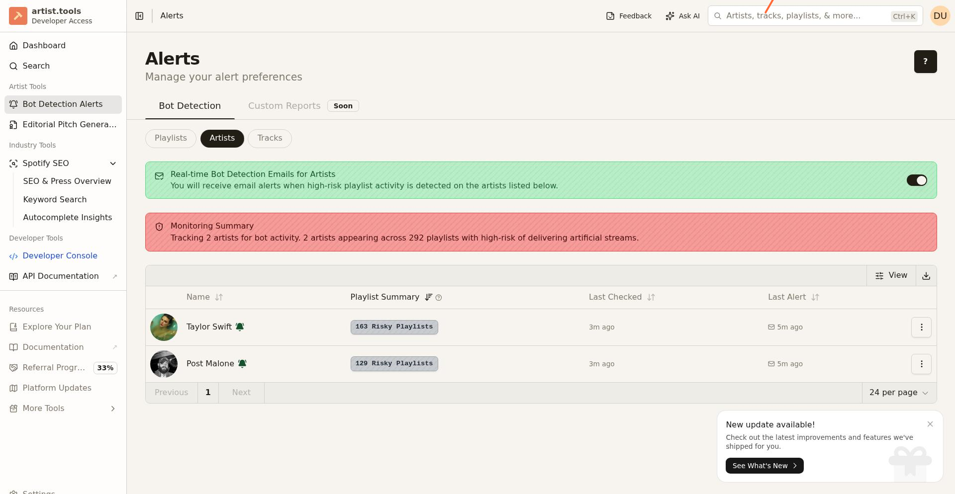 Toggle switch for enabling Bot Detection Emails for Artists