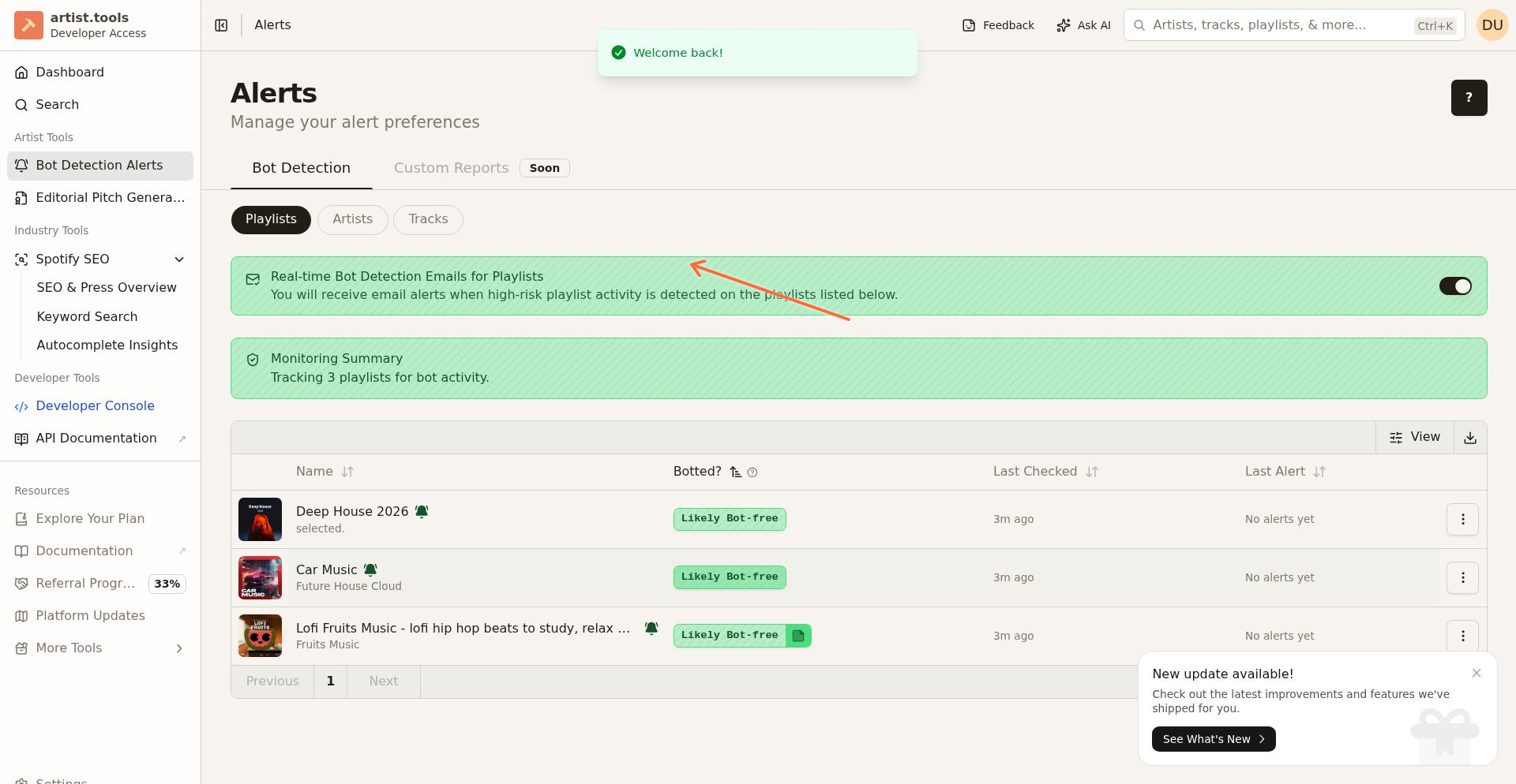 Alerts settings page showing Bot Detection tab with Playlists, Artists, and Tracks sub-tabs