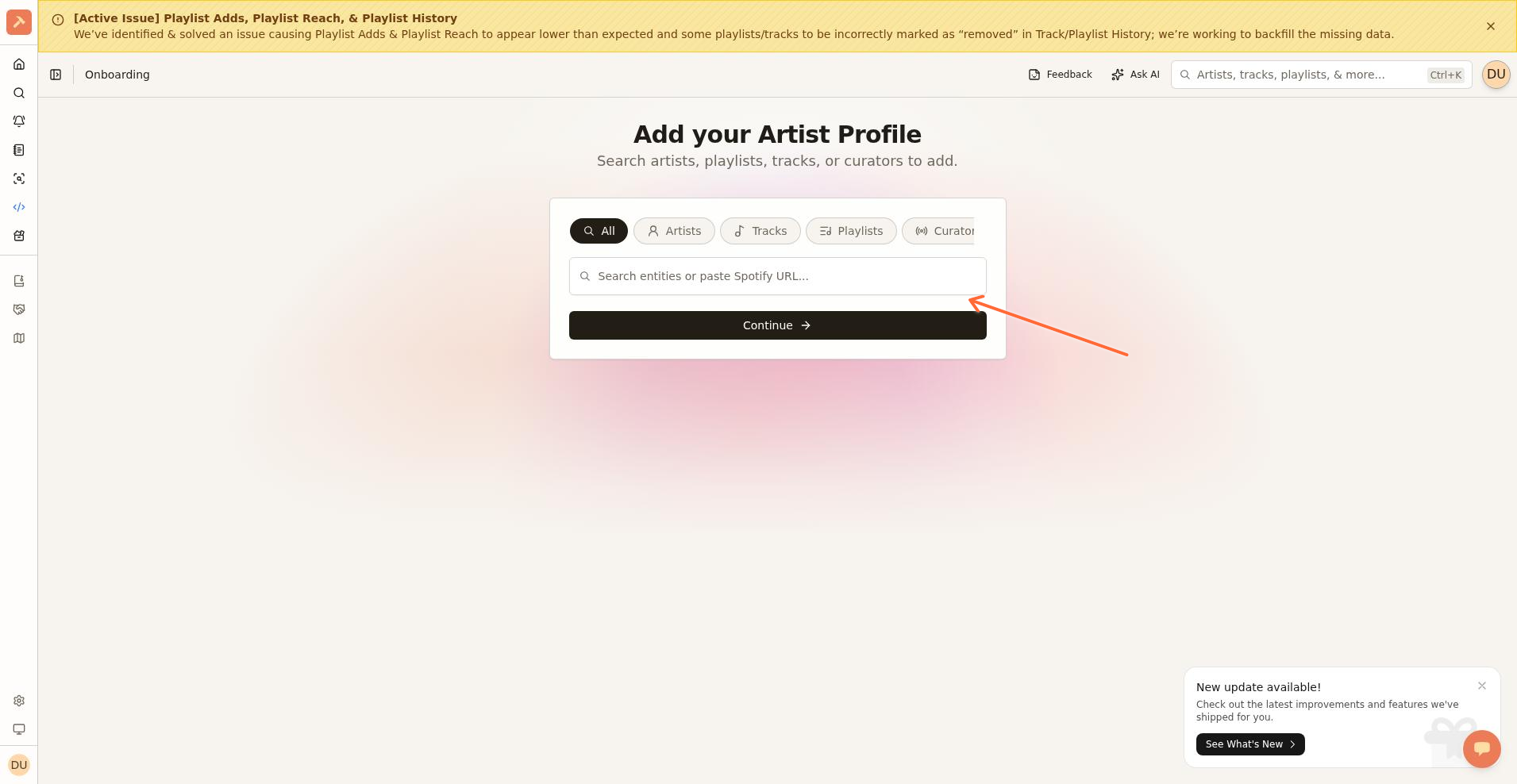 Onboarding add-entity step showing a search field and Continue button