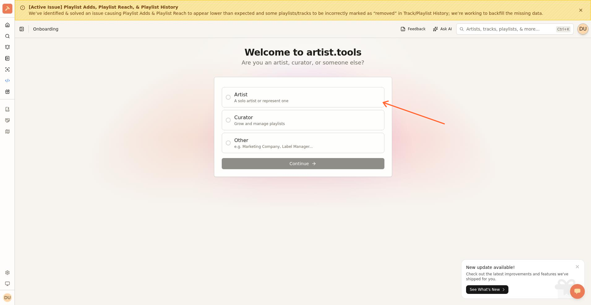 Onboarding focus picker showing Artist, Curator, and Other options with a Continue button