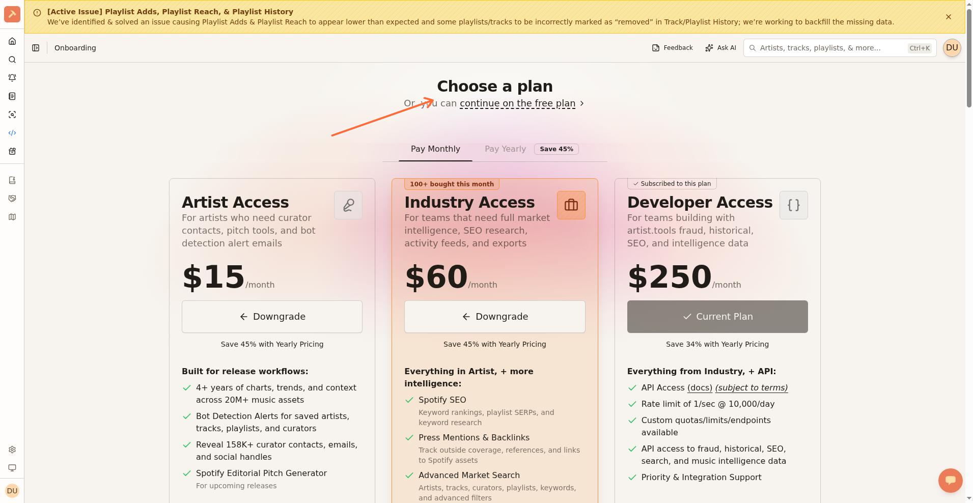 Onboarding pricing step showing the continue on the free plan link
