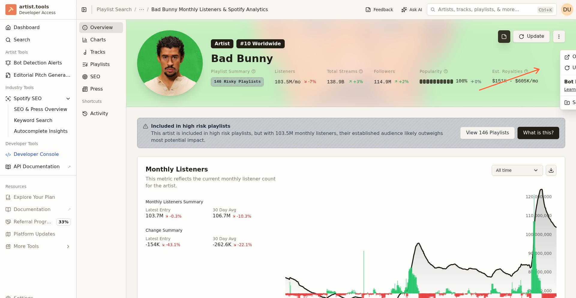Update data option in actions menu