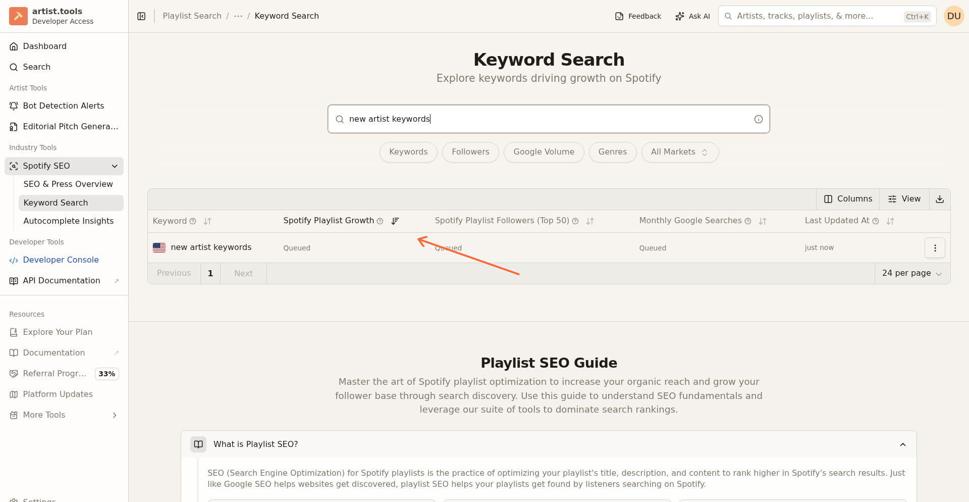 Queued status badge in Keyword Search results