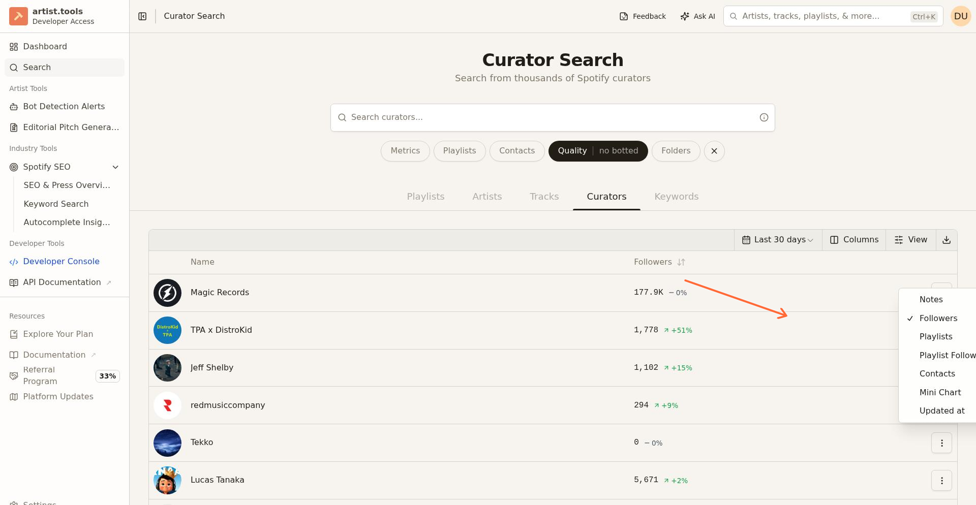 Columns menu open in Search results