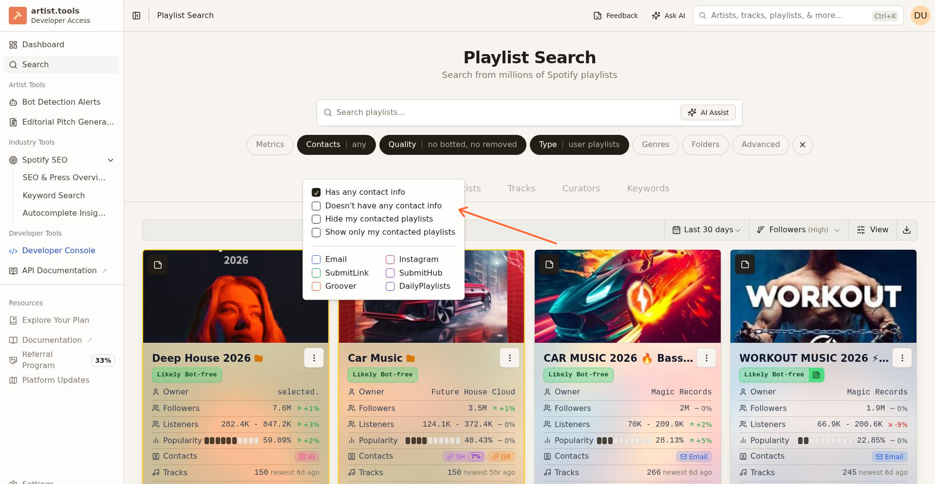 Playlist Search Contacts filter with contact info and contacted status options visible