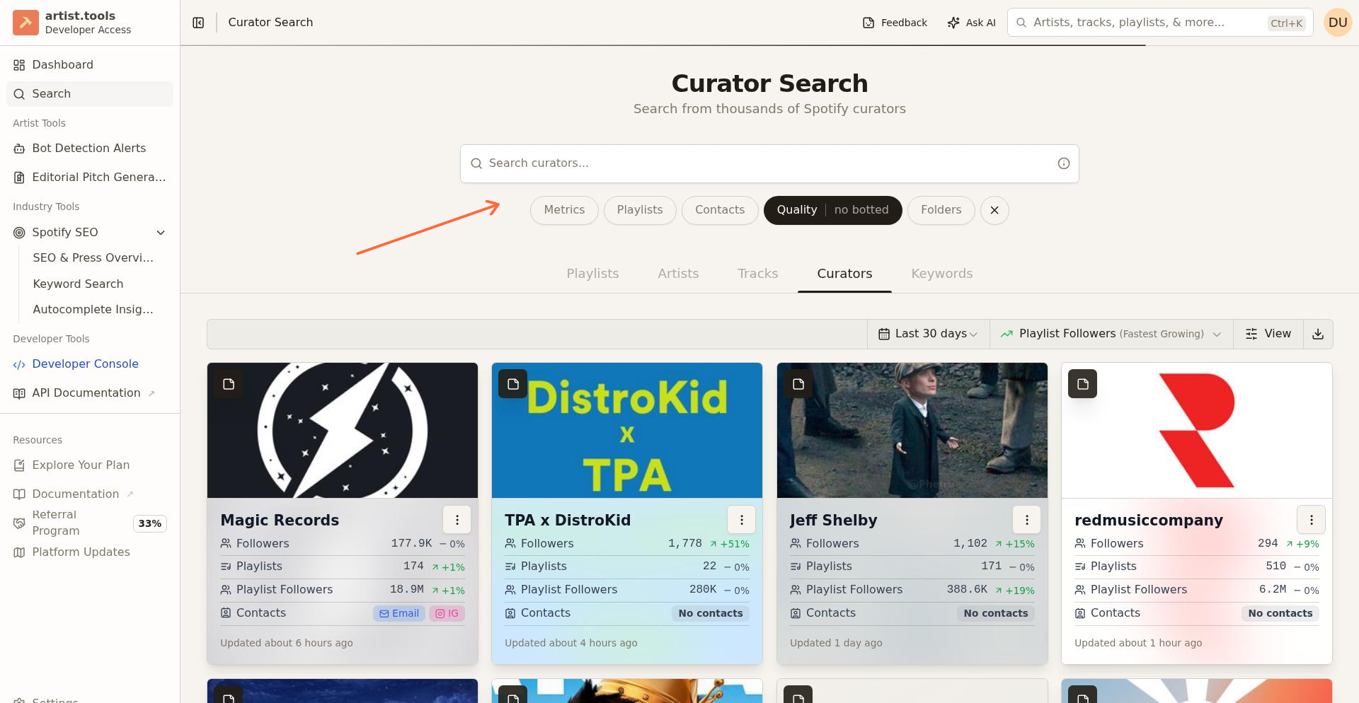 Curator Search filter row showing Metrics, Playlists, Contacts, Quality, and Folders