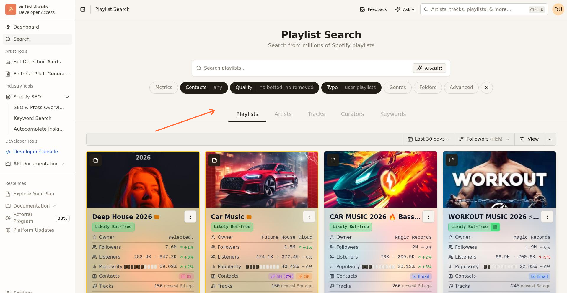 Search page with Playlists, Artists, Tracks, Curators, and Keywords tabs visible