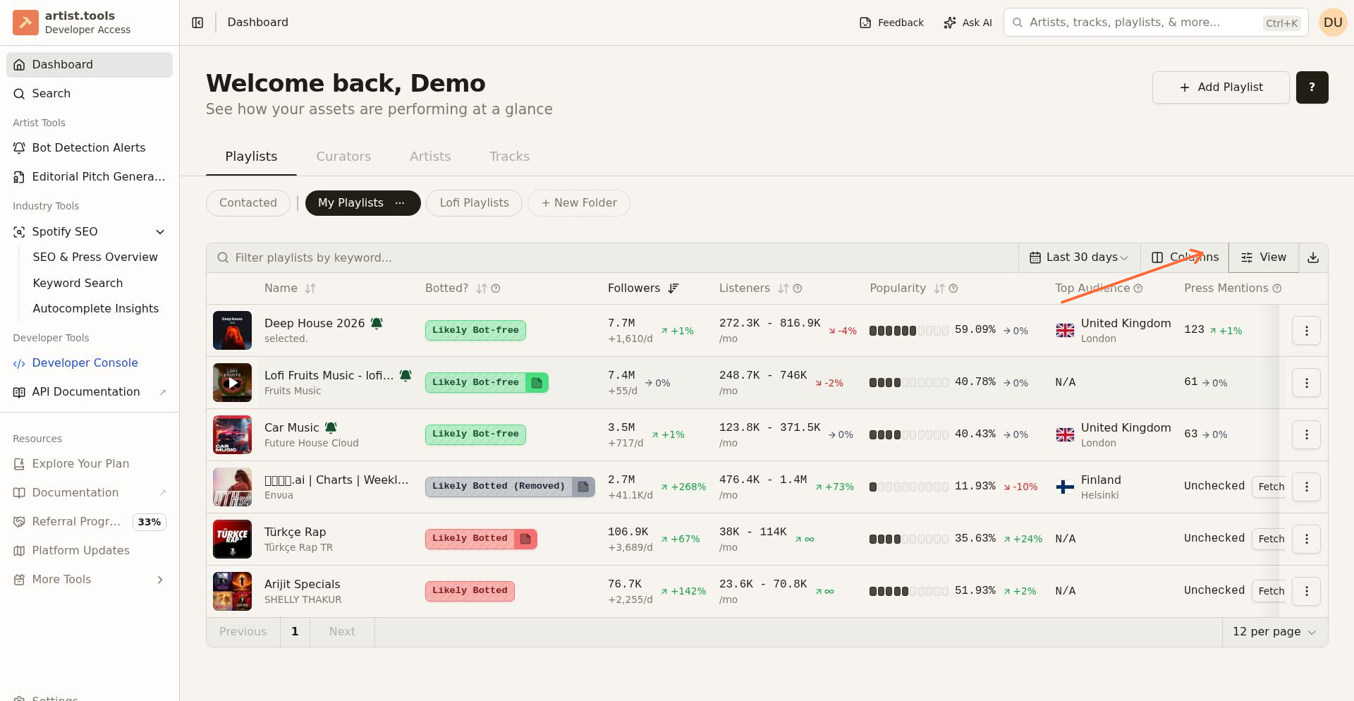 Table view showing columns for Name, Botted status, Followers, Listeners, Popularity