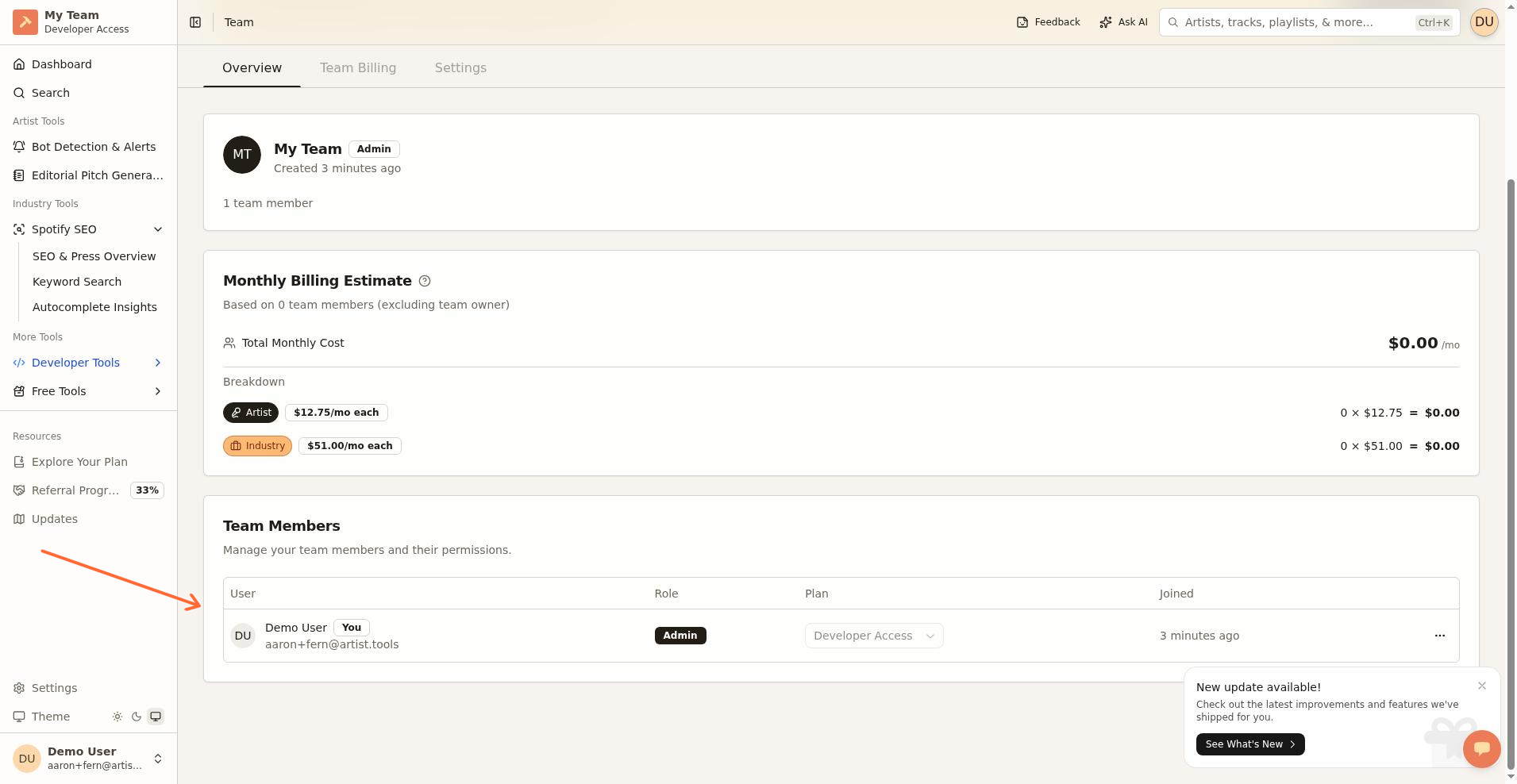Team Members list showing User, Role, Plan, and Joined columns