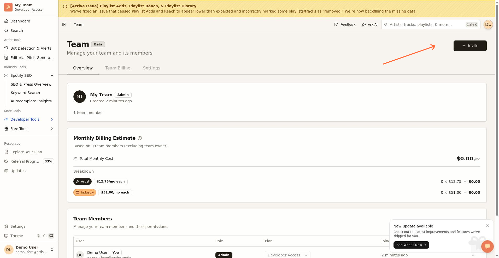 Team dashboard showing the Overview tab with the Invite button in the top right