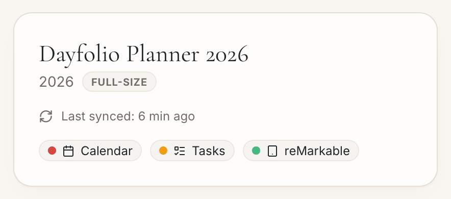 A planner card on the dashboard, with a status dot for Calendar, Tasks and reMarkable