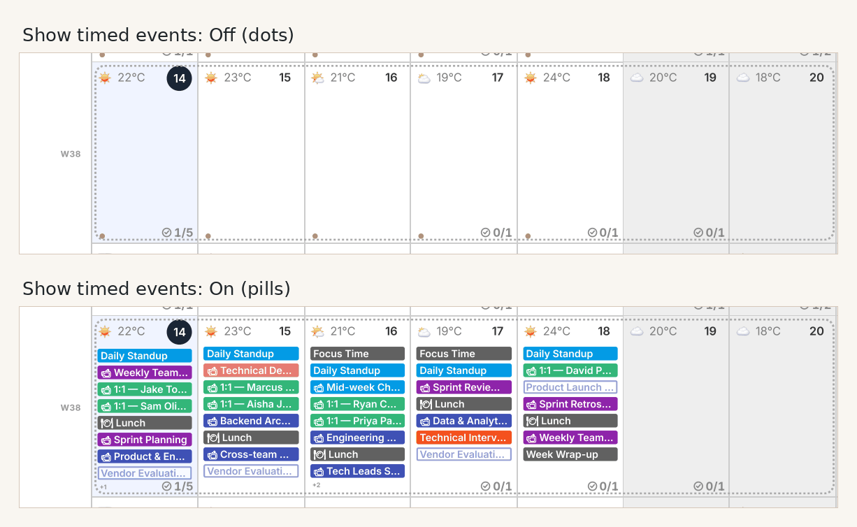 Month View: timed events as dots (top) or as pills (bottom)
