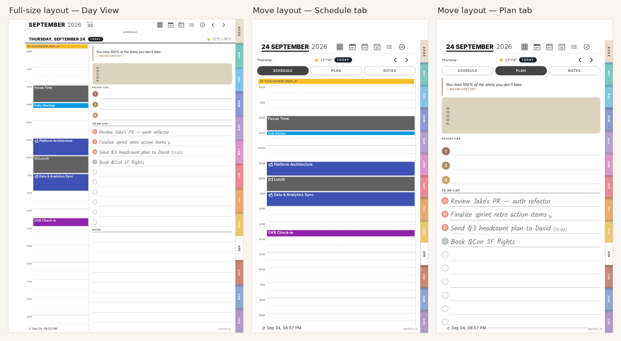 The same day in the full-size layout (one page) and the Move layout (Schedule and Plan tabs)
