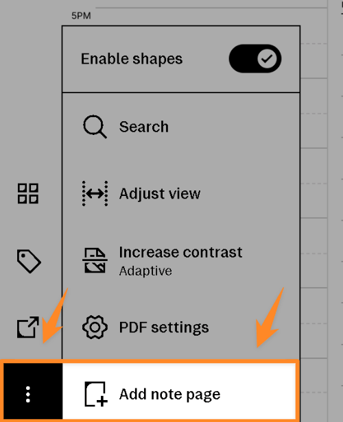Step 3 — the reMarkable toolbar menu: ⋮ → Add note page