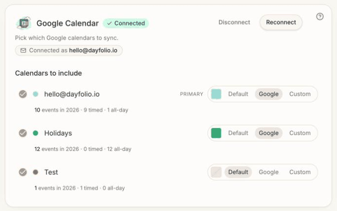 The Google Calendar card after connecting: each calendar has a check mark and a color choice