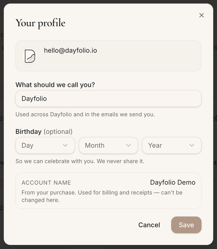 Your profile at app.dayfolio.io: "What should we call you?" is the name printed in the planner; the account name from your purchase stays as it is