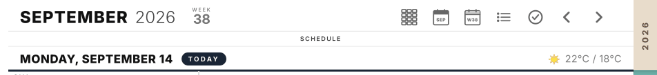 The header of a Day View: title, week number and the navigation icons