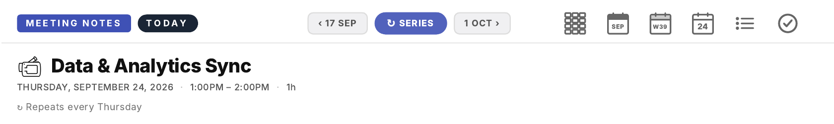 The top of a recurring meeting's notes page: ‹ previous and next › occurrences and the SERIES button