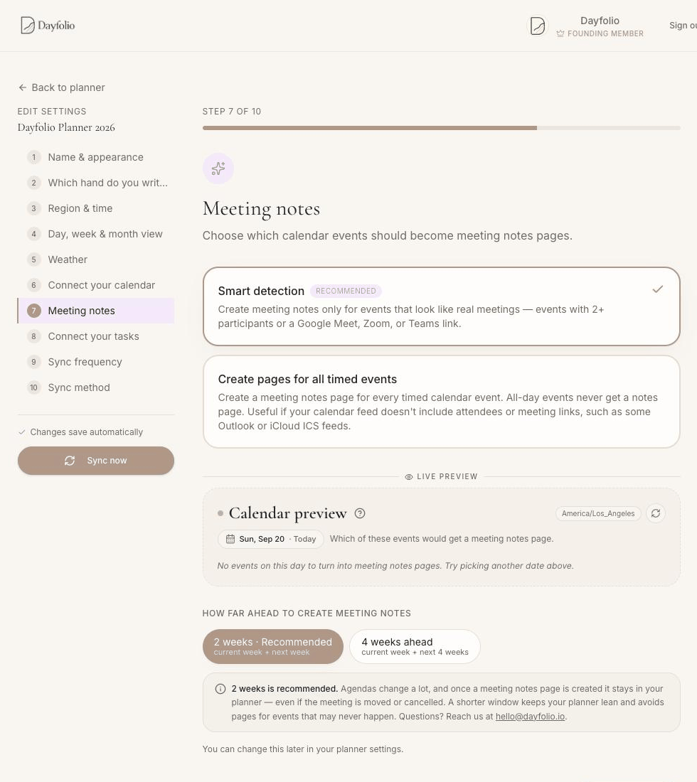 Step 7 — Meeting notes: detection mode, Live Preview and generation window