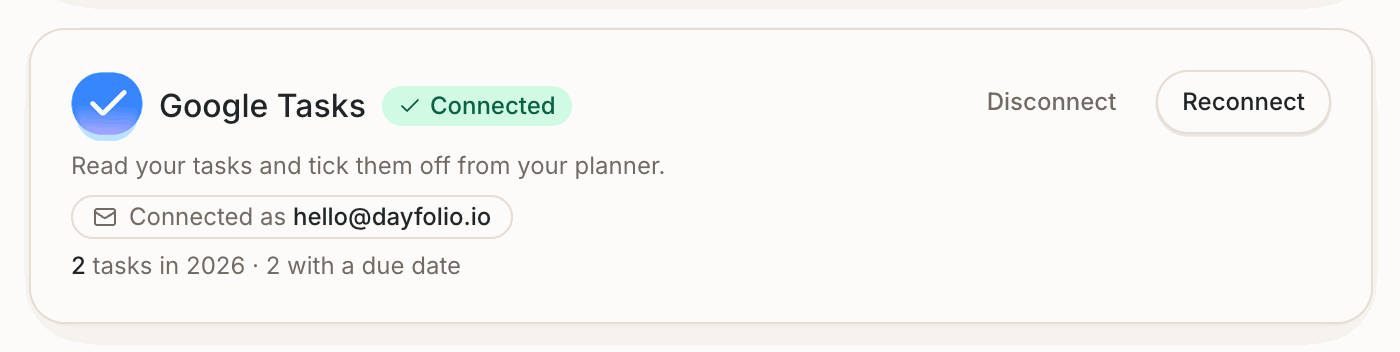 Google Tasks connected in Step 8: the account, the task count and Disconnect / Reconnect