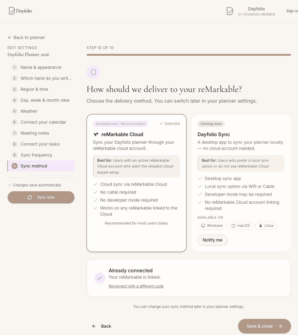 Step 10 — Sync method: the reMarkable Cloud connection