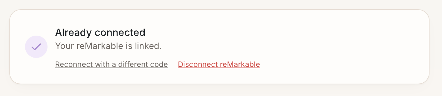 Step 10 after pairing: Already connected, with Reconnect with a different code and Disconnect reMarkable