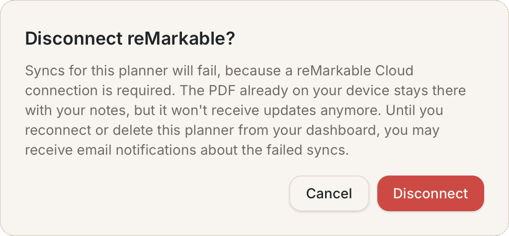The confirmation before disconnecting your reMarkable