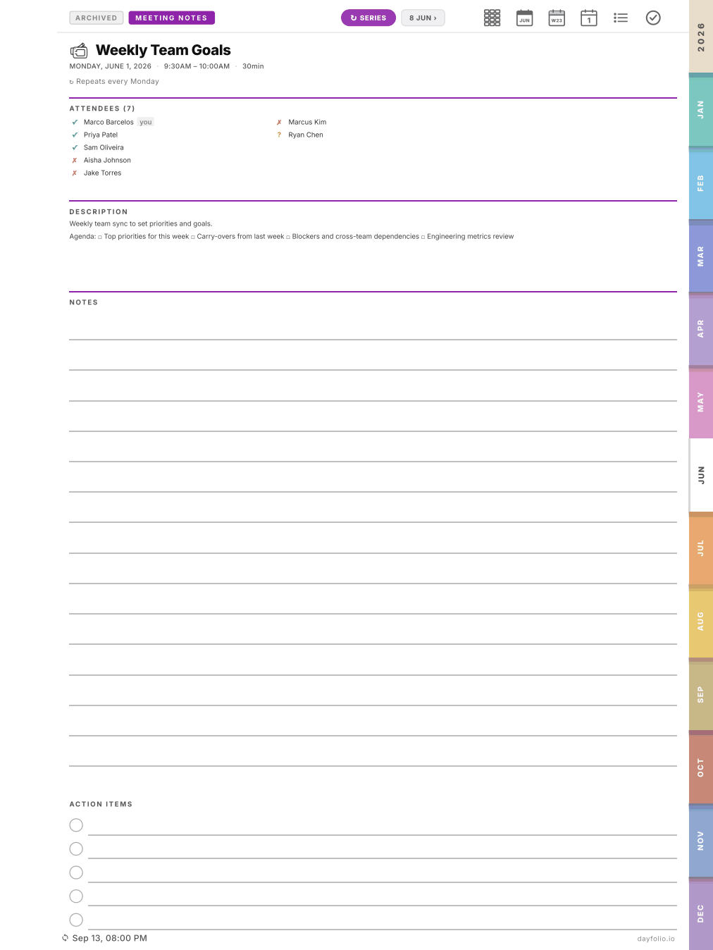 An archived Meeting Notes page