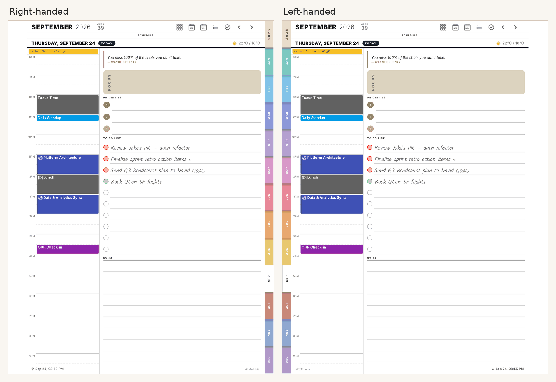 The same Day View right-handed (tabs on the right edge) and left-handed (tabs on the left edge)