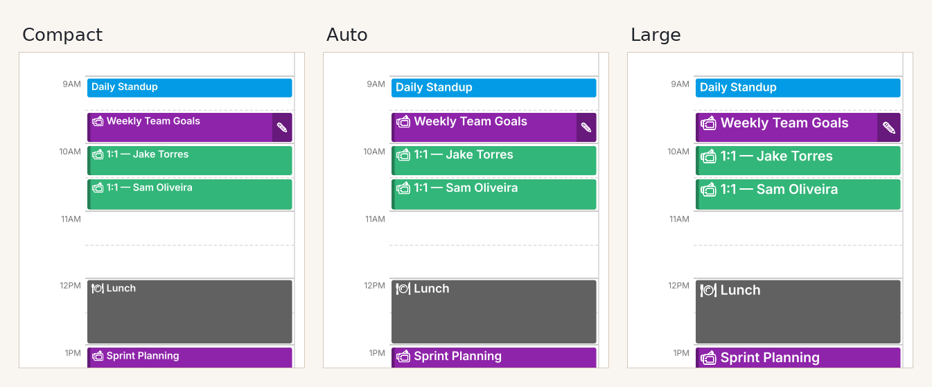 The same schedule with Compact, Auto and Large text size