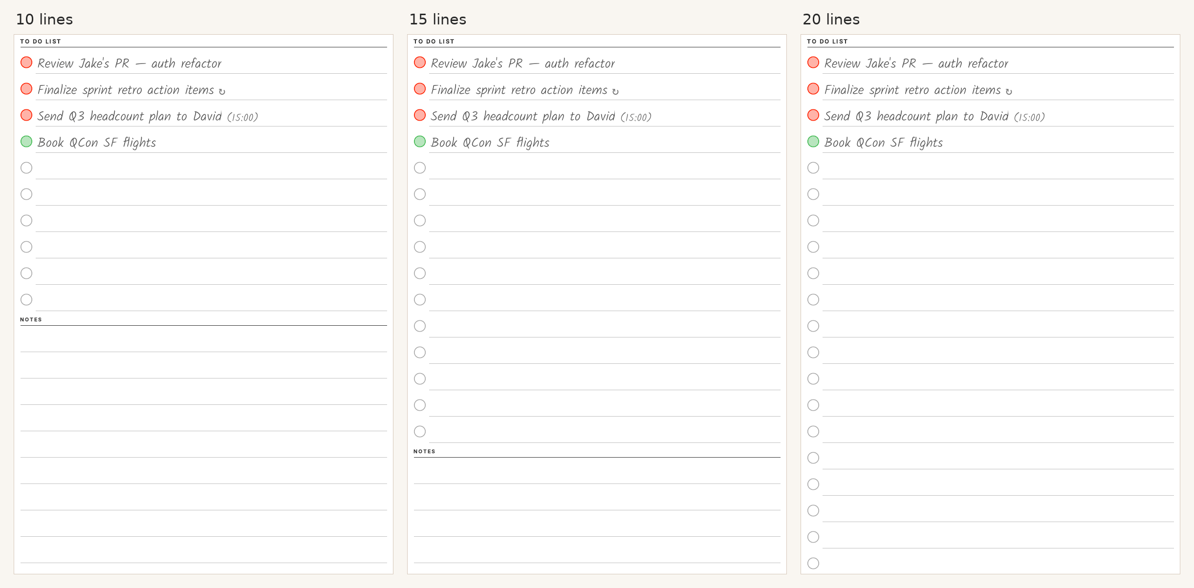 The To Do List and Notes area with 10, 15 and 20 task lines