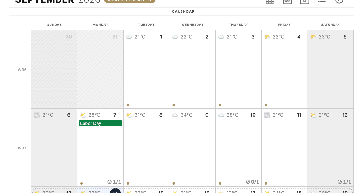 A Month View with the week starting on Sunday