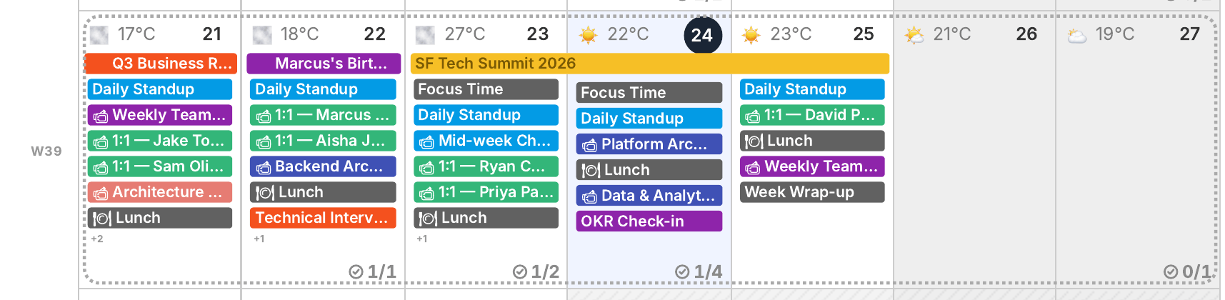 The same week in Calendar mode: all-day and timed events as pills