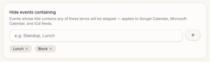 Hide events containing: type a word and press +