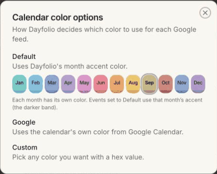 The color options and the twelve month accent colors