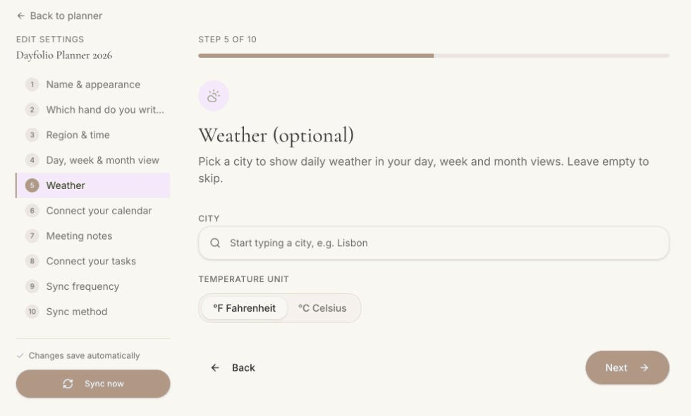 Step 5 of the setup: city and temperature unit