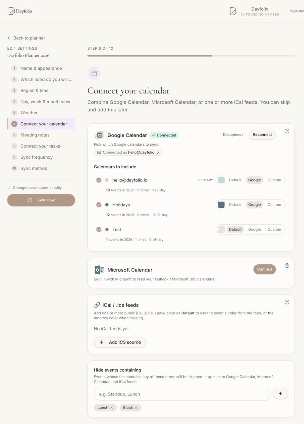 Step 6 — Connect your calendar: Google Calendar, Microsoft Calendar, iCal/ICS feeds, keyword filters and the Live Preview