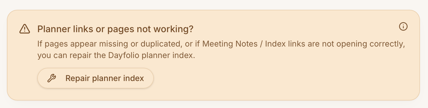 Repair planner index, at the bottom of the planner page