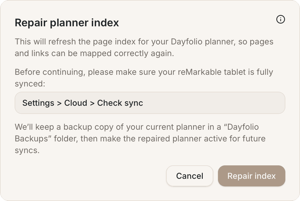 The confirmation before the repair: sync the tablet first; a backup is kept in a Dayfolio Backups folder