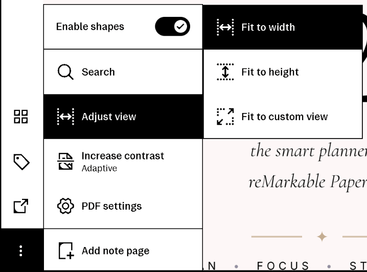 ⋮ menu → Adjust view on the reMarkable, with Fit to width (the default) selected