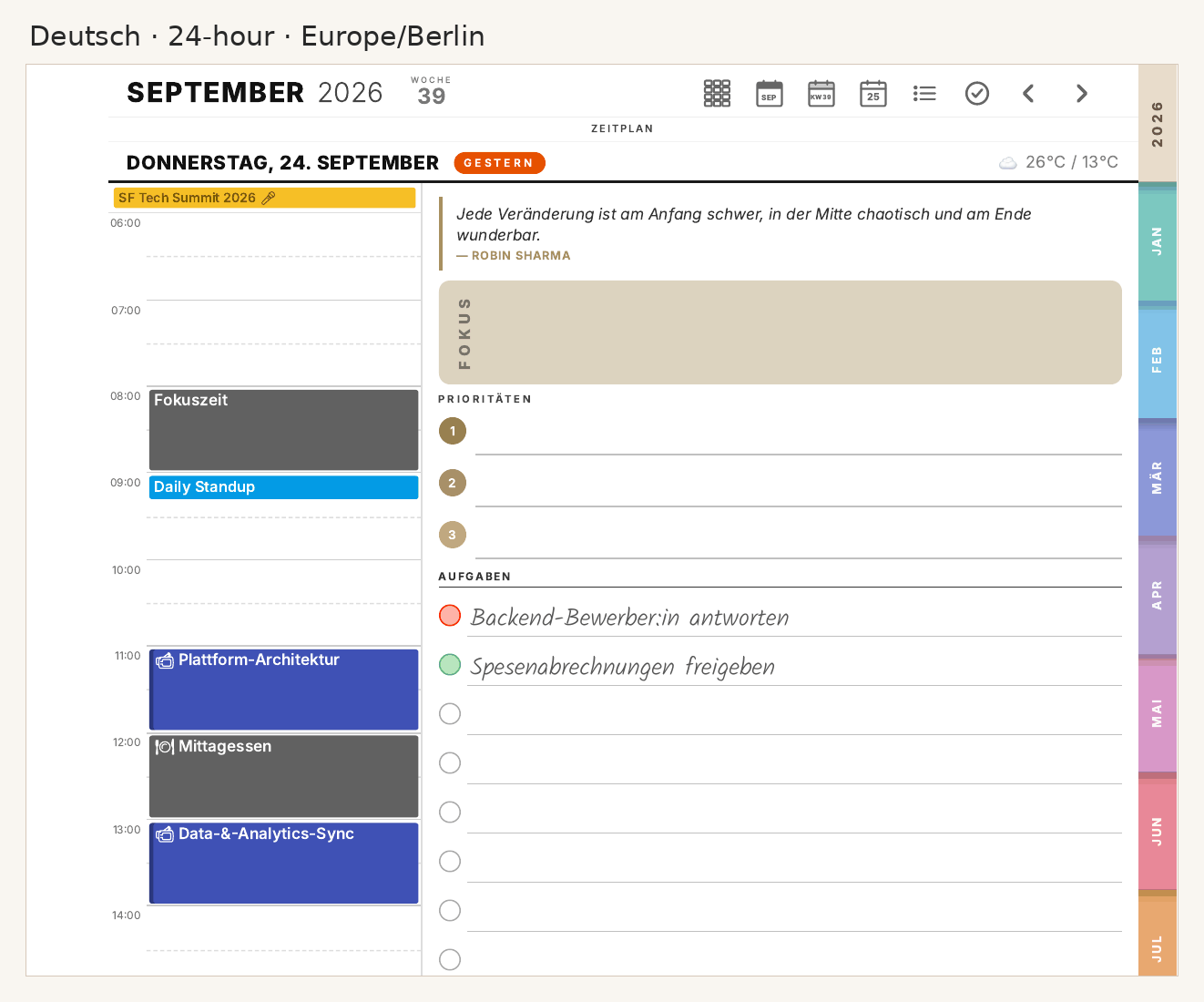 A Day View generated in German with 24-hour times