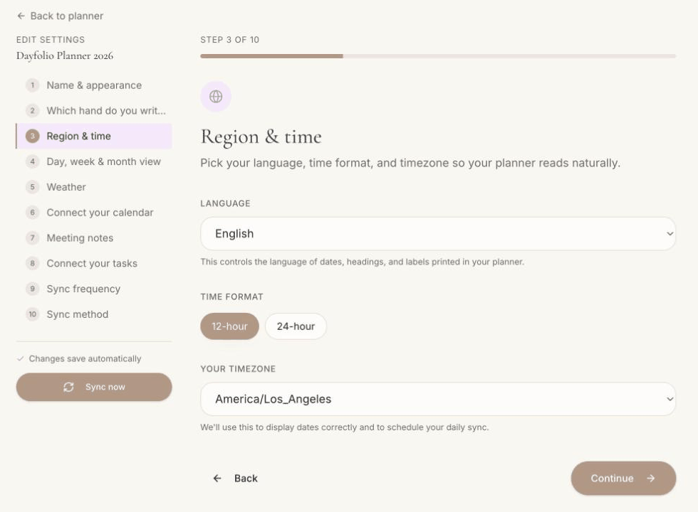 Step 3 of the setup: language, time format and time zone