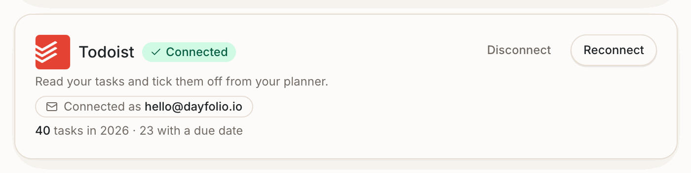 The Todoist card in Step 8 once connected: the account, the task count and Disconnect / Reconnect