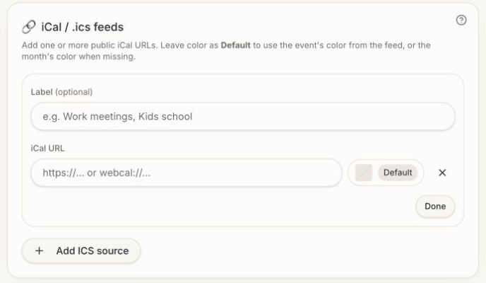 Adding an iCal feed: label, URL and color