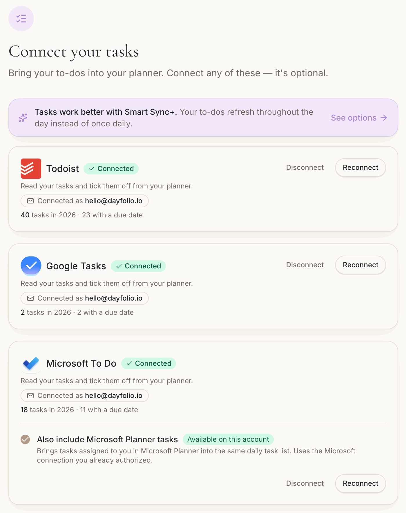Step 8 — Connect your tasks: Todoist, Google Tasks and Microsoft To Do connected, with the Microsoft Planner option in the Microsoft To Do card