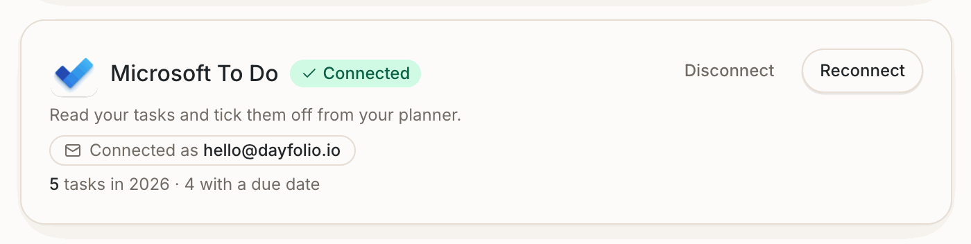 Microsoft To Do connected in Step 8: the account, the task count and Disconnect / Reconnect