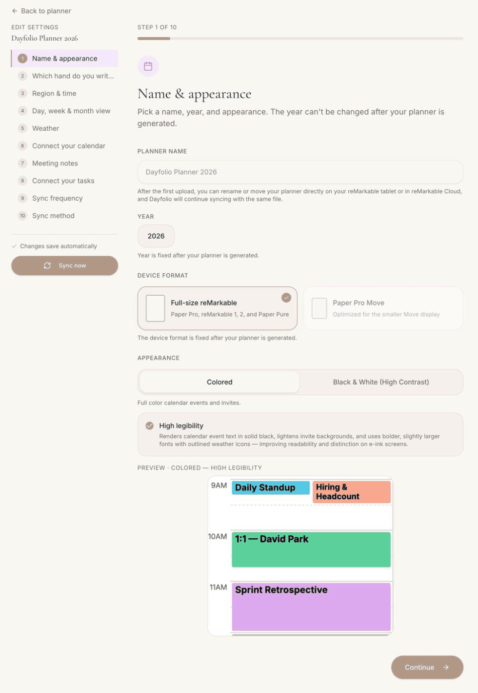 Step 1 of the setup: appearance and High legibility