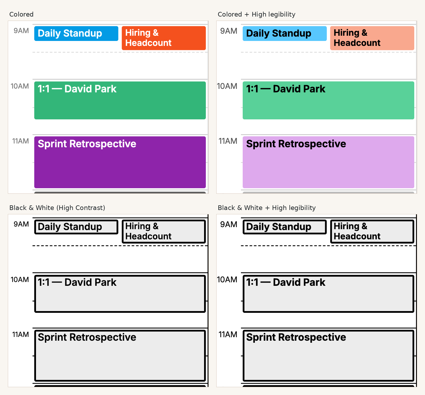 The four combinations: Colored, Colored + High legibility, Black & White, Black & White + High legibility